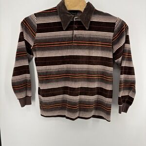 Vintage 70s Mod Velour Brown Stripe LS Skater Disco Soft-Touch Shirt L USA